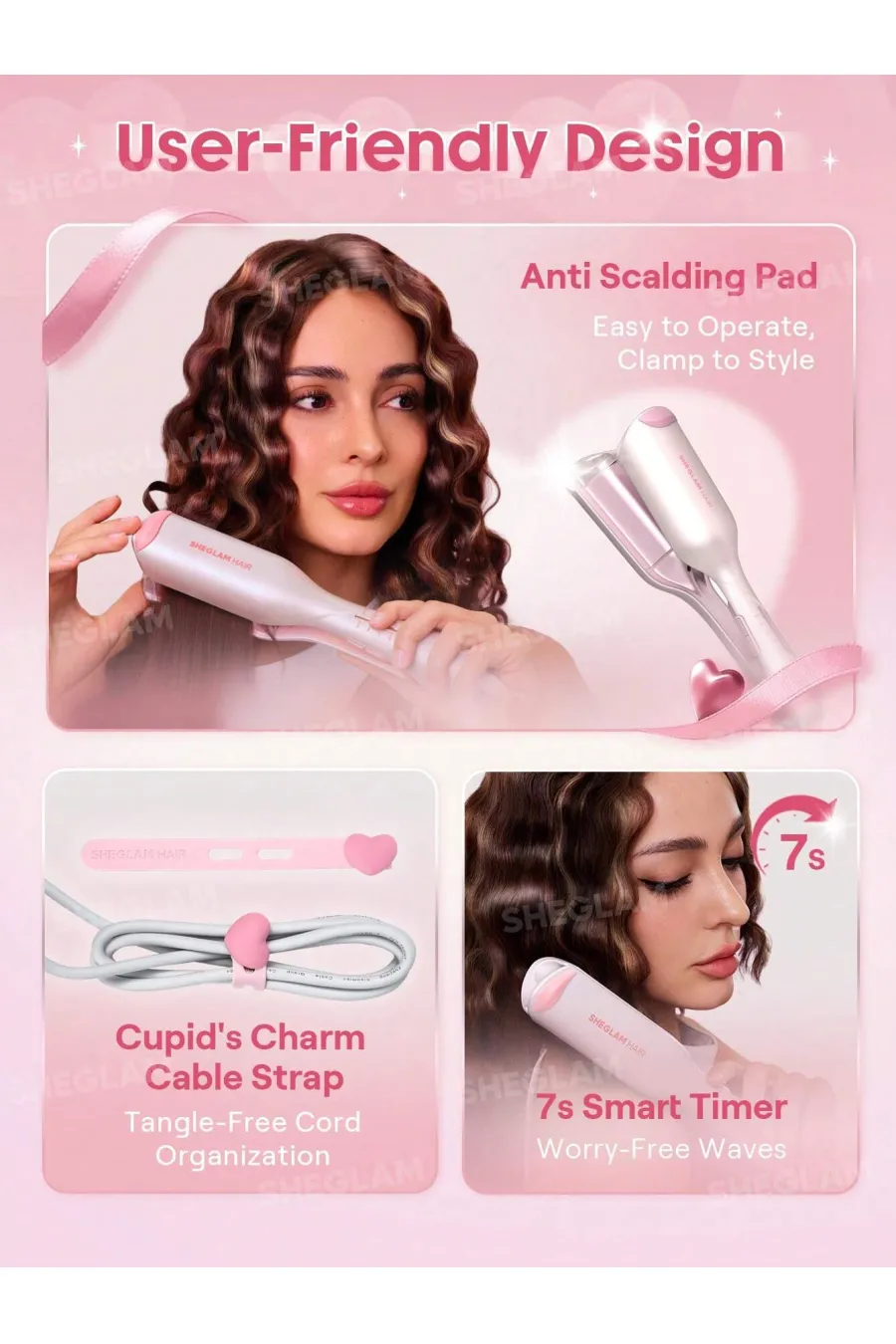دستگاه فر ساحلی مو صورتی سایز ۱۹ شیگلم Sheglam Pink 19mm Beach Wave Curler
