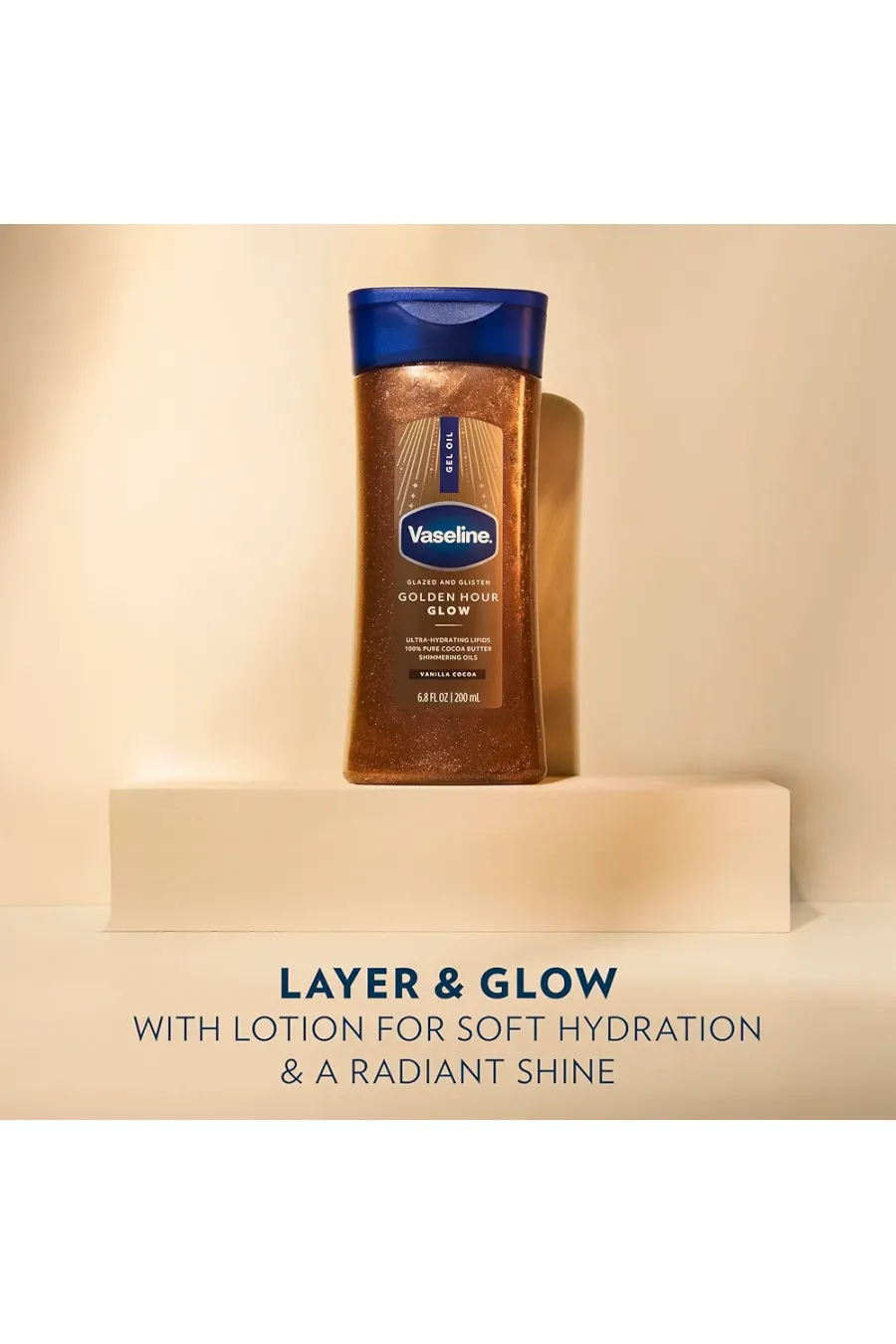 ویژگی‌های ژل روغن بدن شاین‌دار و آبرسان گلدن آور با کره کاکائو وازلین Vaseline | Vaseline Glazed & Glisten Golden Hour Body Gel Oil Glow