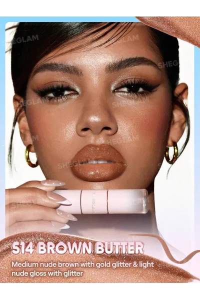  تصویر 3 : تینت لب پیل‌آف و برق لب دو سر رنگ Brown Butter شیگلم Sheglam 
