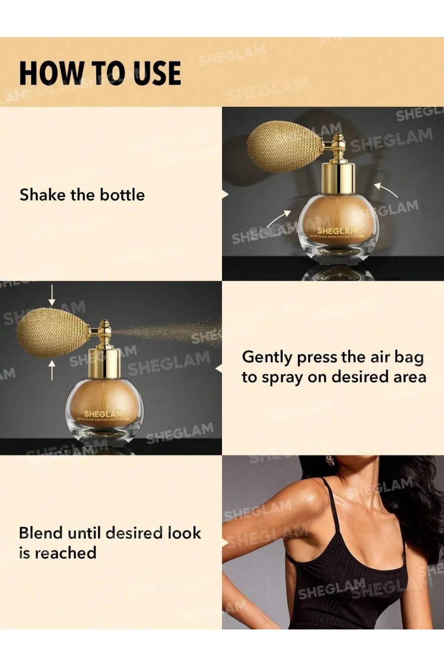 درباره اسپری هایلایتر و براق کننده بدن Go Go Glow رنگ طلایی Gold شیگلم Sheglam (Sheglam Go Go Glow Highlighting Body Mist-Gold)