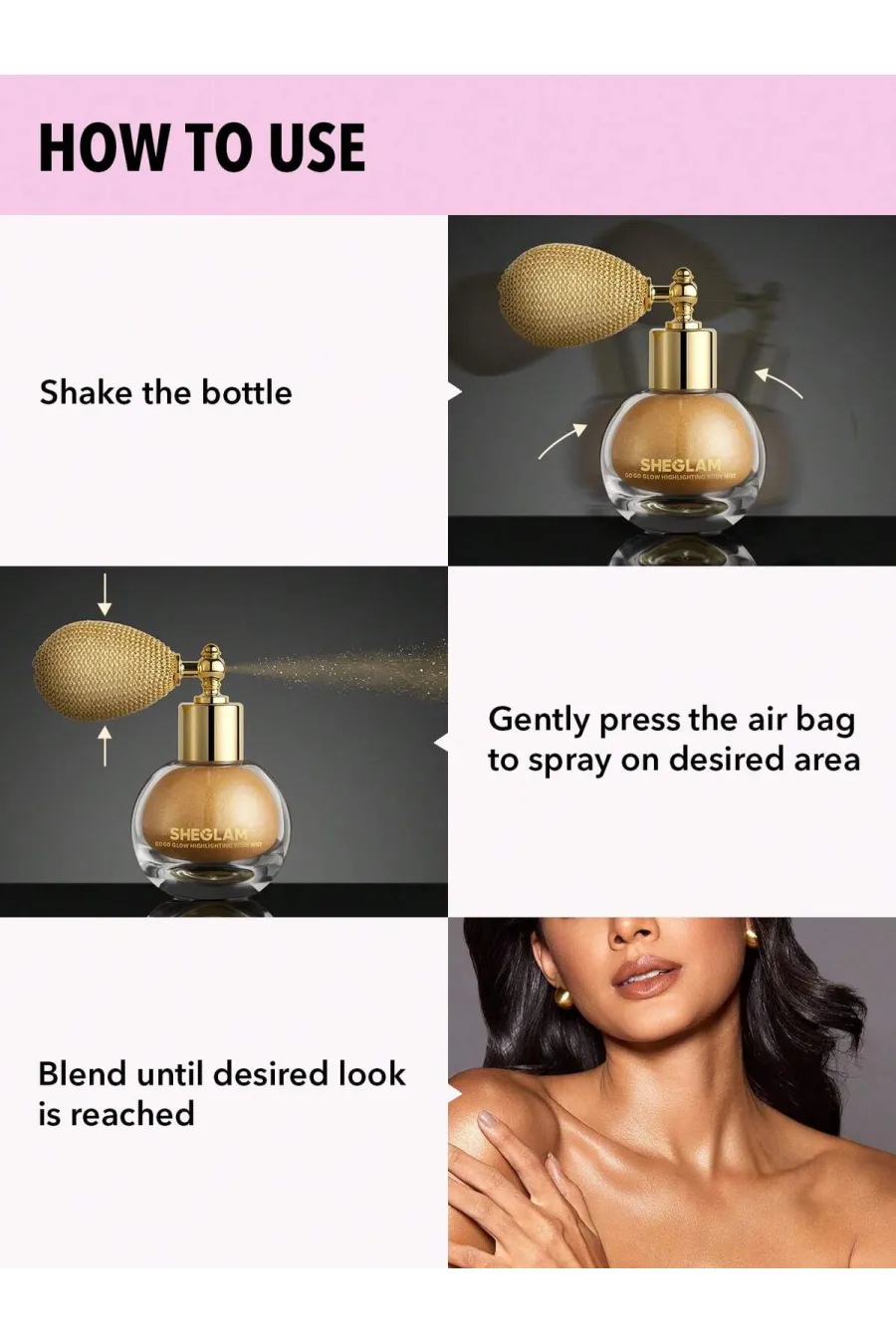 فرمولاسیون و ترکیبات شاخص اسپری هایلایتر و براق کننده بدن Go Go Glow رنگ Love Bomb شیگلم Sheglam