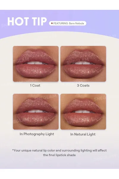  تصویر 8 : رژ لب مایع اکلیلی مدل Stardust Swipe Glitter Liquid Lipstick رنگ نود کهکشانی (Bare Nebula) شیگلم Sheglam 